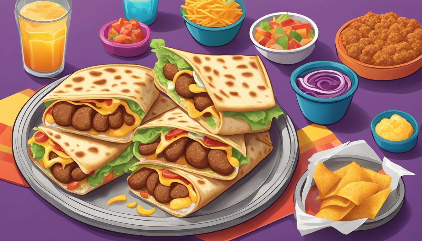 A sizzling sausage-filled Am Crunchwrap surrounded by vibrant breakfast items on a colorful Taco Bell tray