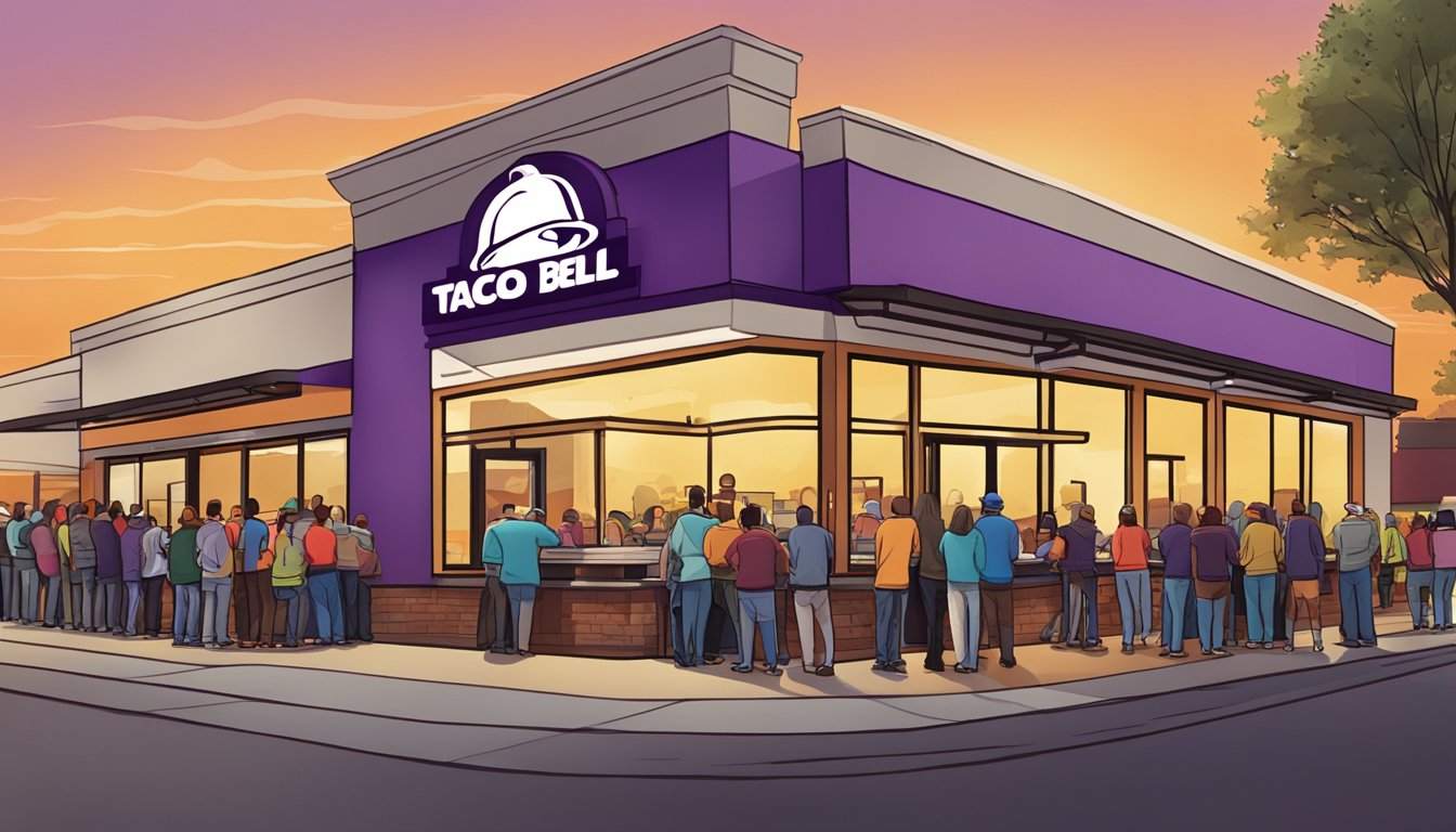 The sun rises over a Taco Bell restaurant as a line of customers eagerly waits for the debut of the new breakfast menu in 2014