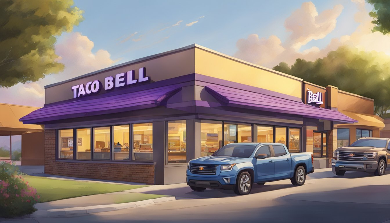 The morning sun shines over a Taco Bell restaurant, where the breakfast hours are coming to an end at 11 AM. The drive-thru is busy with customers grabbing a quick bite before the menu switches over to the regular offerings