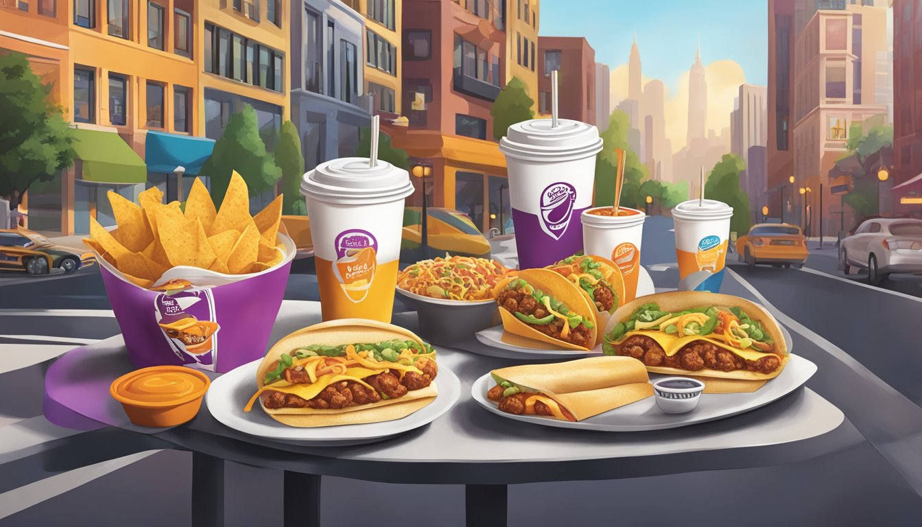 A colorful Taco Bell breakfast spread with various menu items and iconic branding, set against a backdrop of bustling city streets