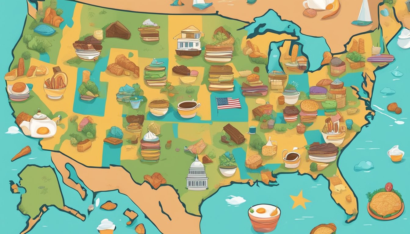 A colorful map of the US with 10 cities highlighted, surrounded by breakfast items like burritos and coffee cups