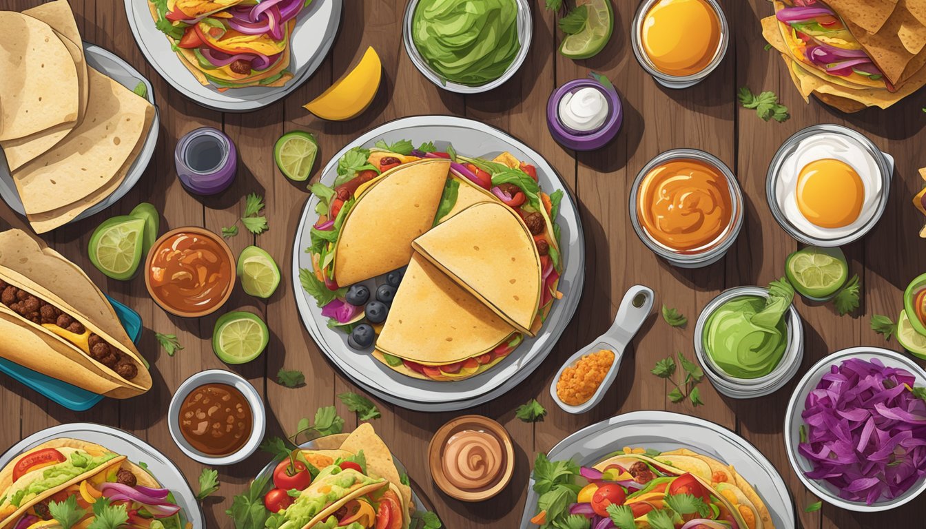 A colorful array of Taco Bell breakfast items arranged on a rustic wooden table with fresh ingredients and vibrant garnishes