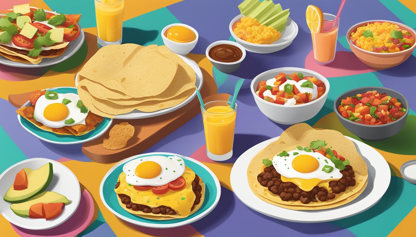 A colorful breakfast spread with huevos rancheros-inspired dishes and Taco Bell's iconic breakfast items arranged on a table