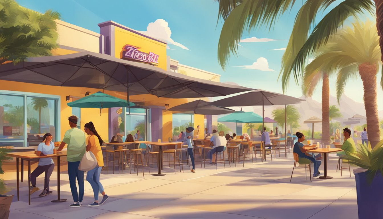 A sunny outdoor scene with palm trees, a Taco Bell restaurant, and people enjoying breakfast items