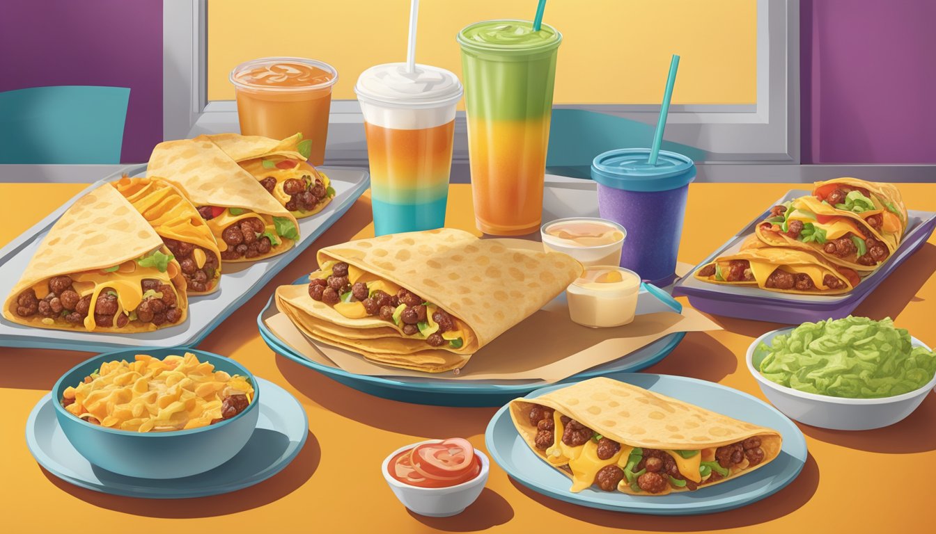 A colorful Taco Bell breakfast spread with a variety of items including the popular A.M. Crunchwrap