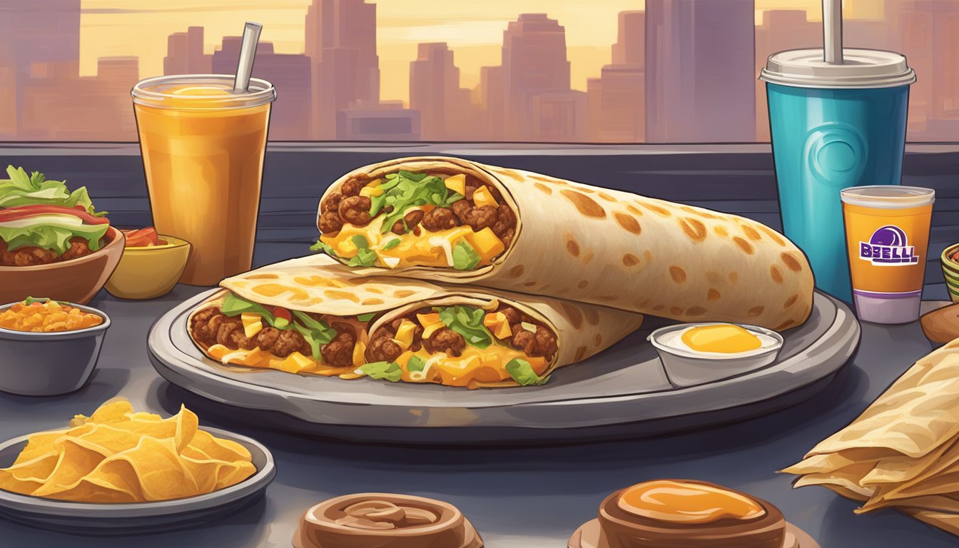 A sizzling breakfast burrito with melted cheese, wrapped in a golden toasted tortilla, surrounded by other Taco Bell breakfast items on a car dashboard