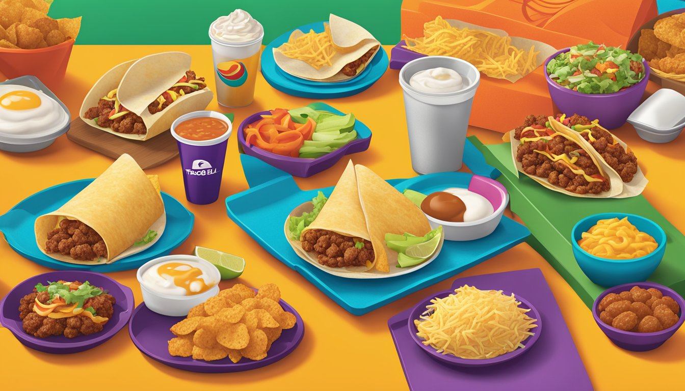 A colorful array of breakfast items from Taco Bell, including tacos, burritos, and hash browns, arranged on a vibrant tray with a backdrop of the iconic Taco Bell logo