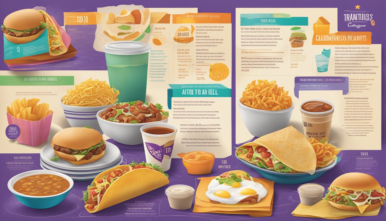 A colorful menu featuring traditional breakfast items and interesting facts about Taco Bell's breakfast history