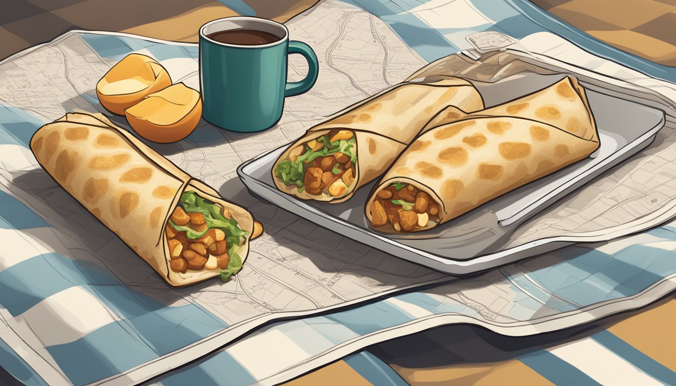 A steaming Grande Toasted Breakfast Burrito sitting on a checkered picnic blanket next to a travel mug and a road map