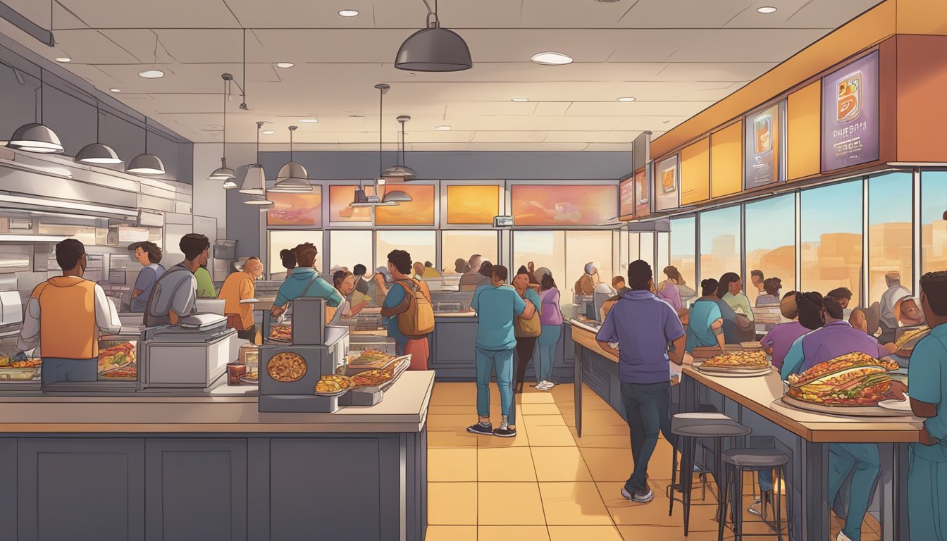 A bustling Taco Bell breakfast rush with customers lined up, the aroma of sizzling bacon and eggs filling the air, and employees hustling to fulfill orders