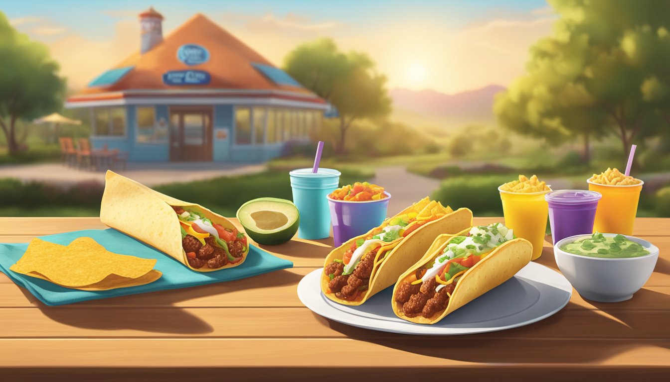 A table set with a variety of Taco Bell breakfast items, including soft tacos, in a bright, sunny morning setting