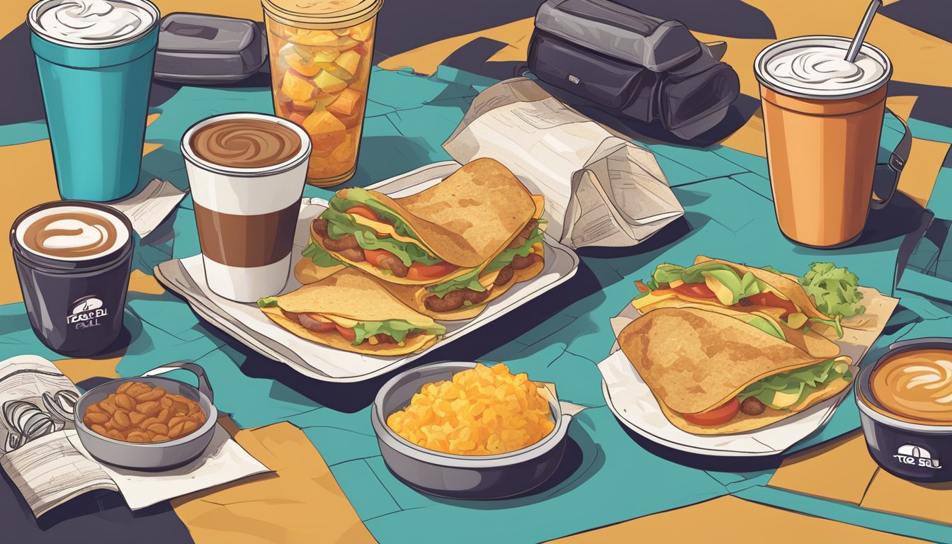 A table set with a variety of Taco Bell breakfast items, surrounded by road trip essentials like maps, sunglasses, and a thermos of coffee