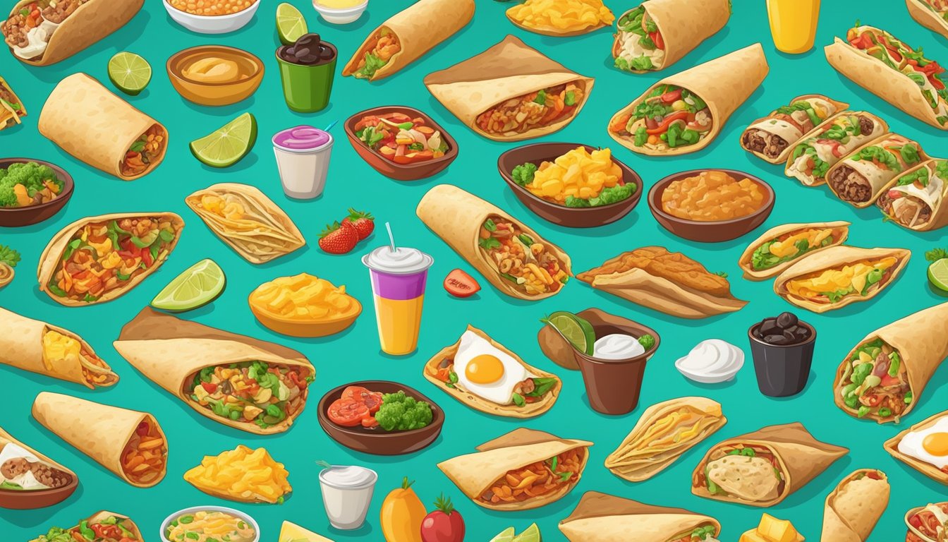 A colorful array of breakfast burritos, each filled with different ingredients to cater to various diets, displayed on a vibrant menu board