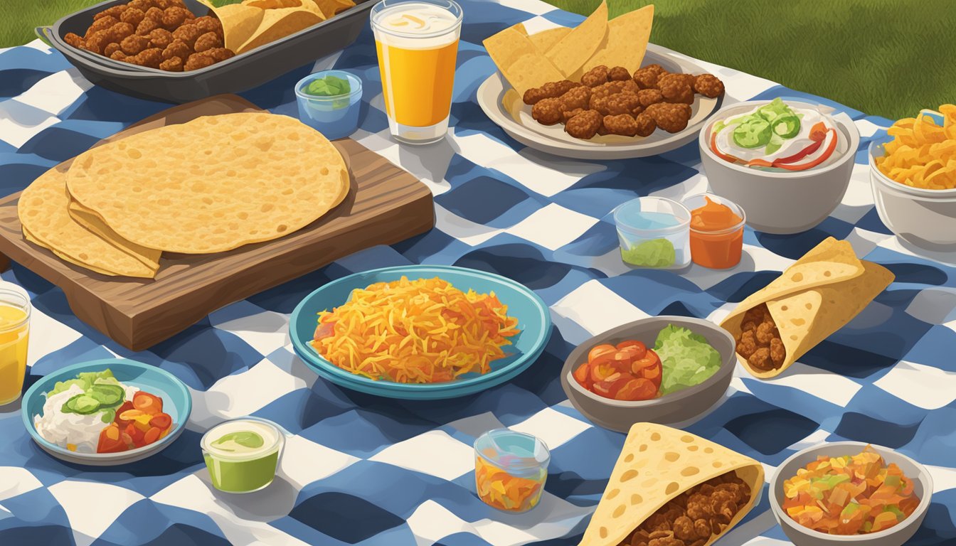 A table with a spread of Taco Bell breakfast items, including burritos, tacos, and hash browns, laid out on a checkered picnic blanket in a sunny outdoor setting