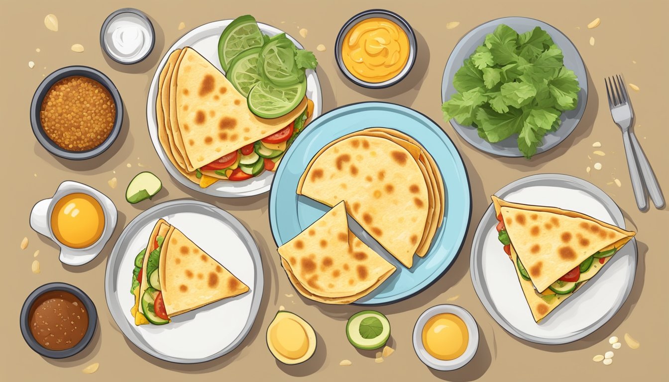 A breakfast quesadilla with egg and cheese surrounded by a variety of ingredients representing different dietary preferences