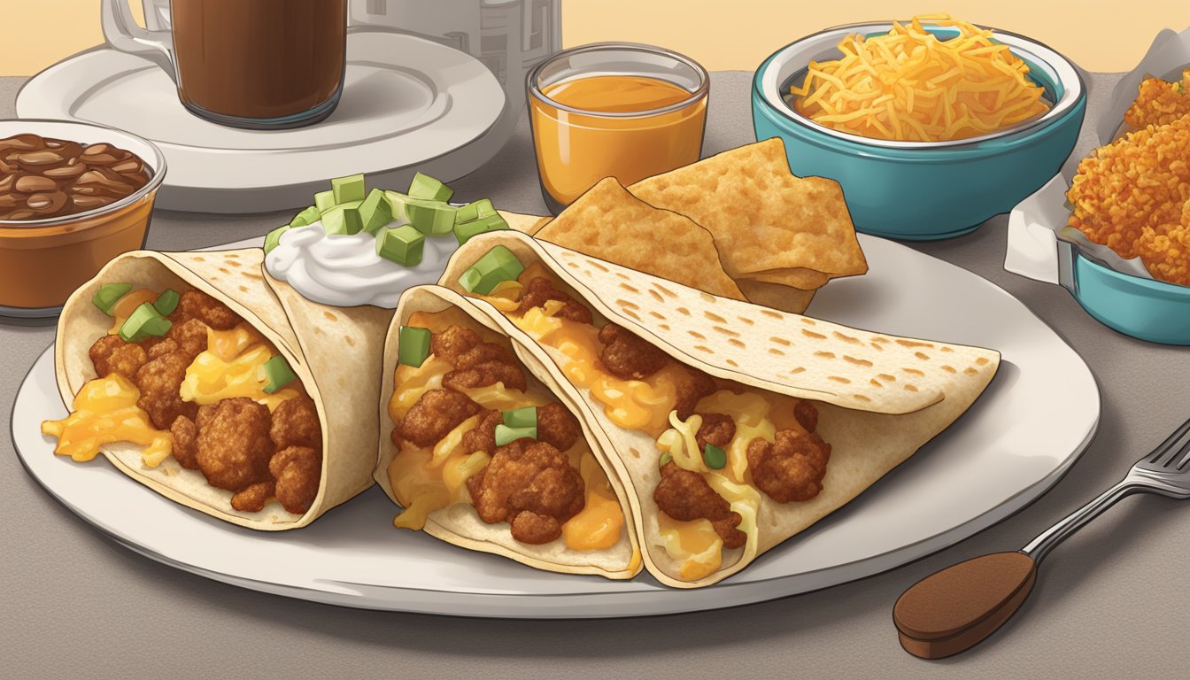 A breakfast soft taco sitting on a plate surrounded by discontinued Taco Bell breakfast items, including hash browns, cinnamon delights, and a breakfast quesadilla