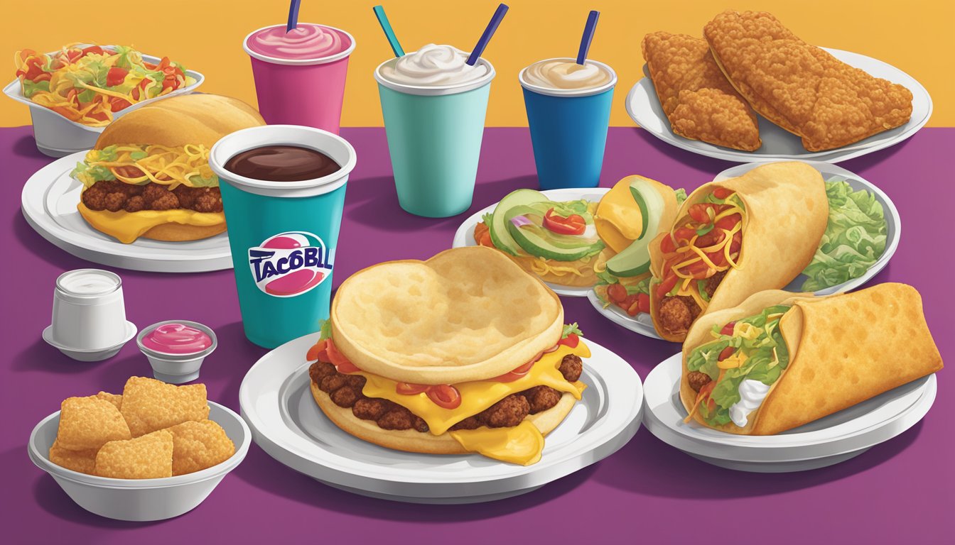 A colorful, vintage-style Taco Bell breakfast menu featuring the iconic Biscuit Taco and six other discontinued items