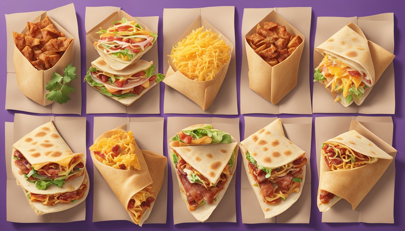 A colorful array of nine different Bacon Crunchwrap variations, each tailored to a specific dietary preference, laid out on a vibrant Taco Bell breakfast menu backdrop