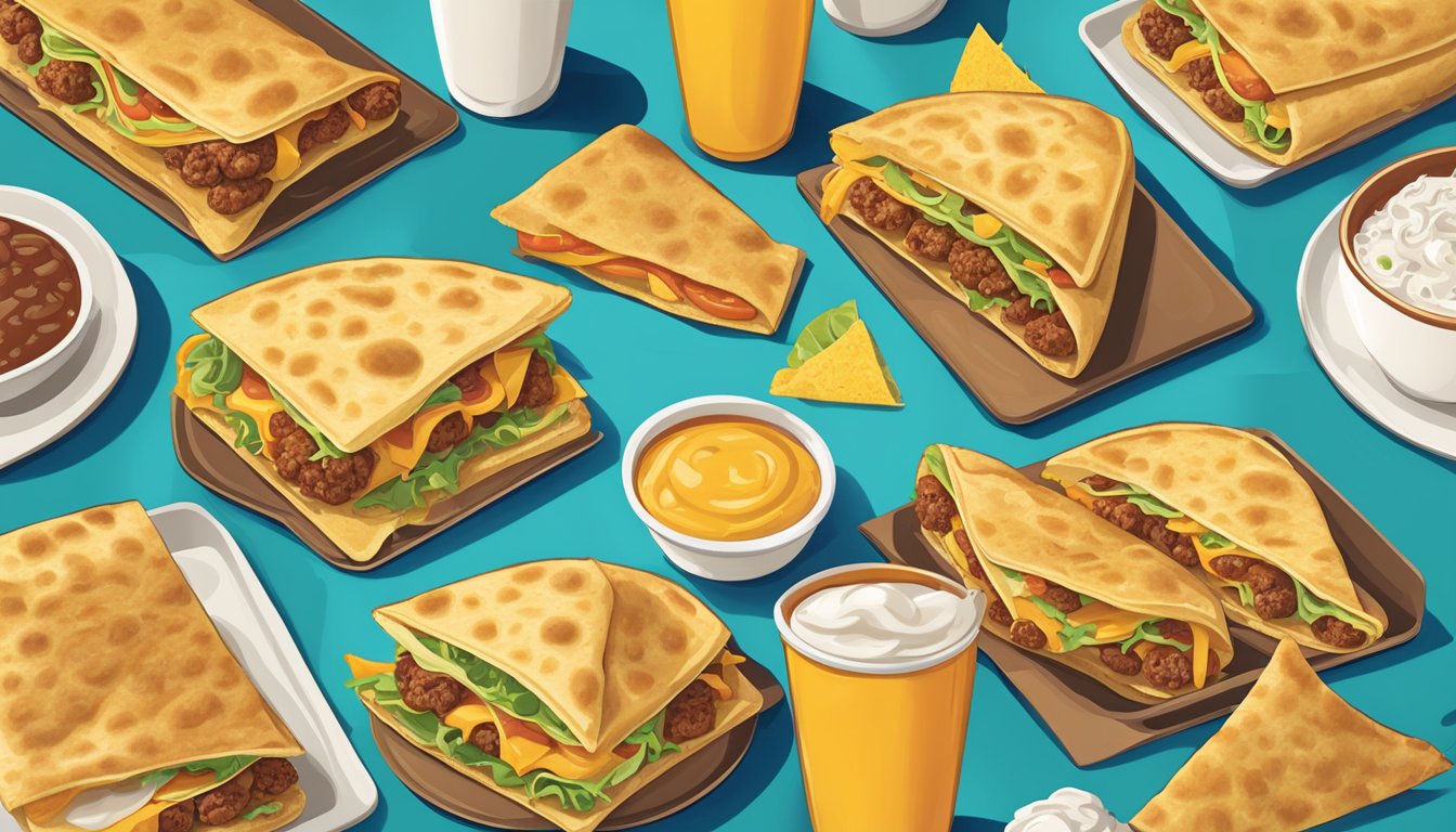 A colorful array of discontinued Taco Bell breakfast items, including the beloved AM Crunchwrap, laid out on a table with nostalgic appeal