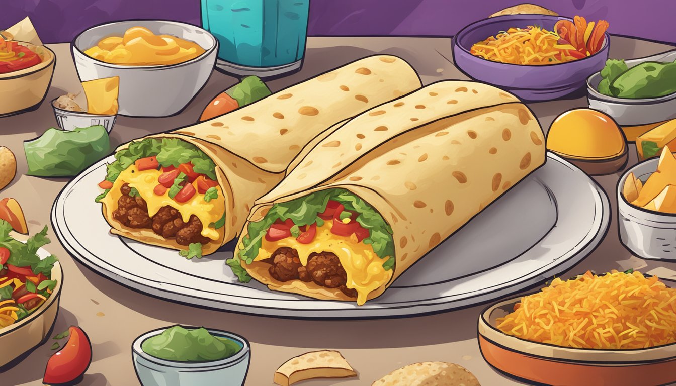 A colorful, steaming cheesy burrito surrounded by scattered breakfast items and a Taco Bell logo in the background