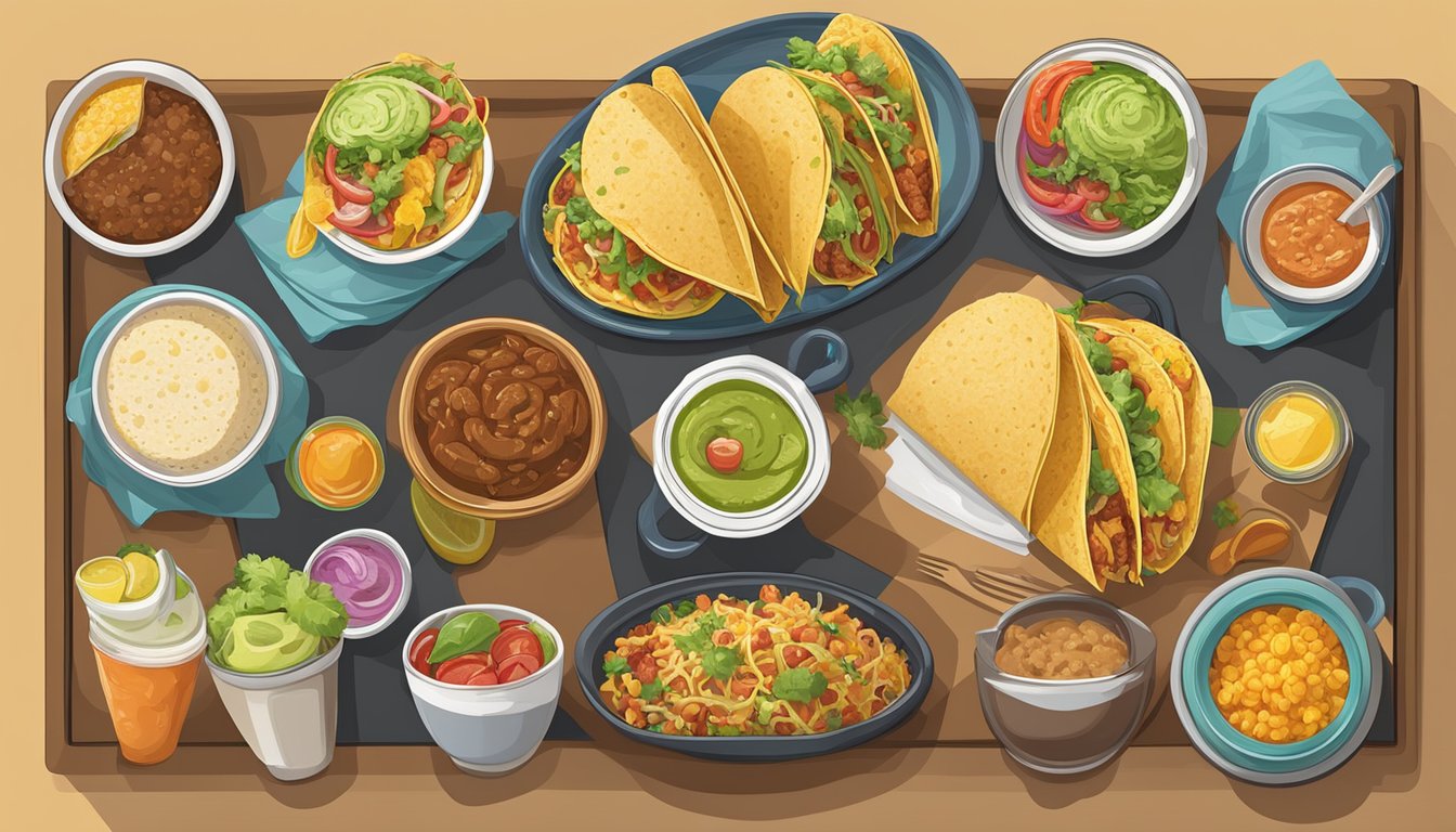 A colorful display of various breakfast items, including tacos, burritos, and bowls, arranged neatly on a menu board with labels indicating different dietary options