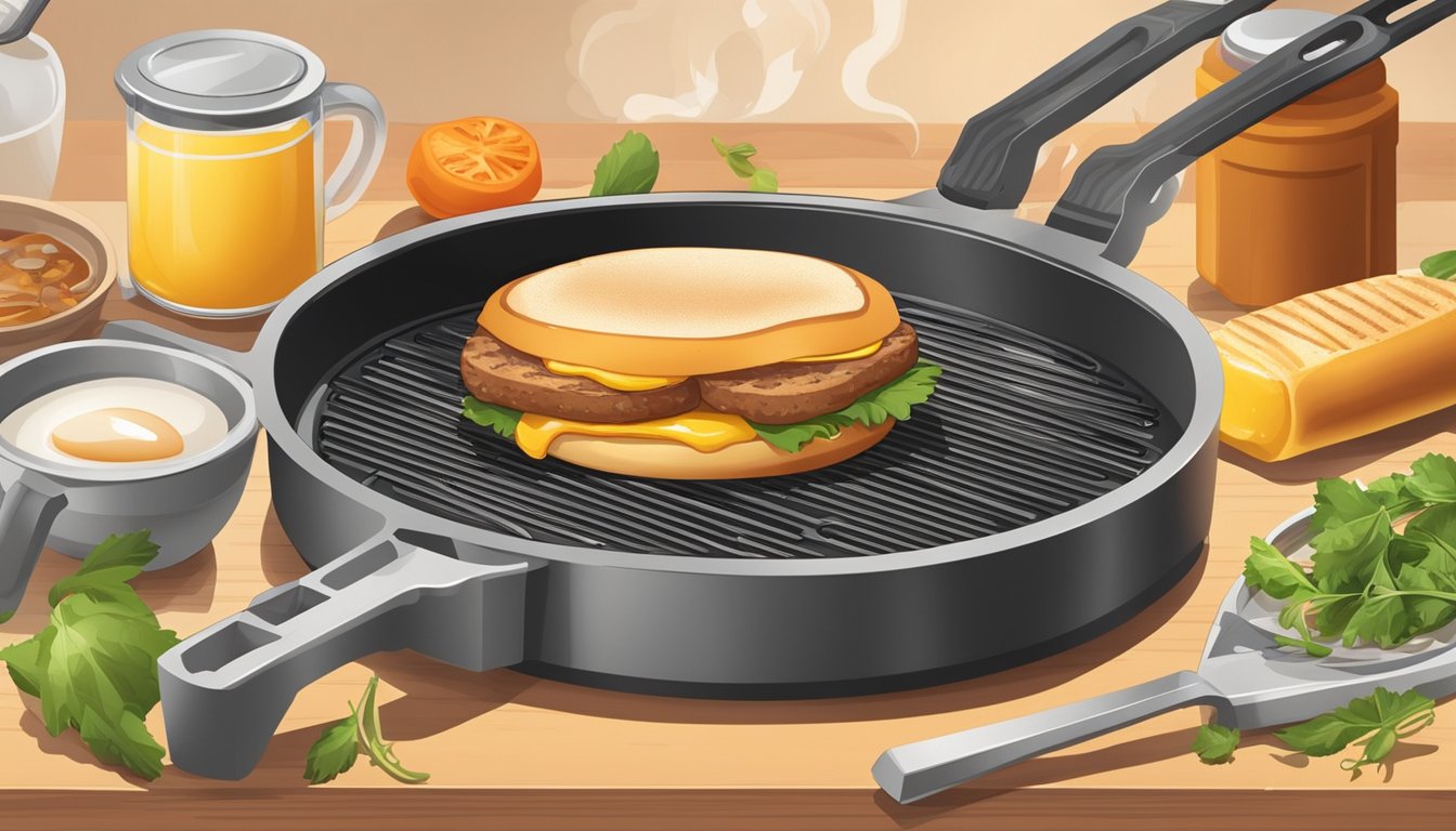 A sizzling breakfast sandwich being grilled on a hot griddle, surrounded by scattered ingredients and cooking utensils