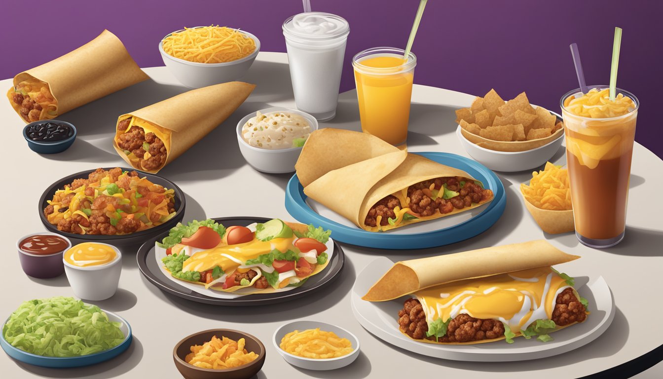 A colorful spread of various breakfast items from Taco Bell, including burritos, tacos, and hash browns, arranged on a table