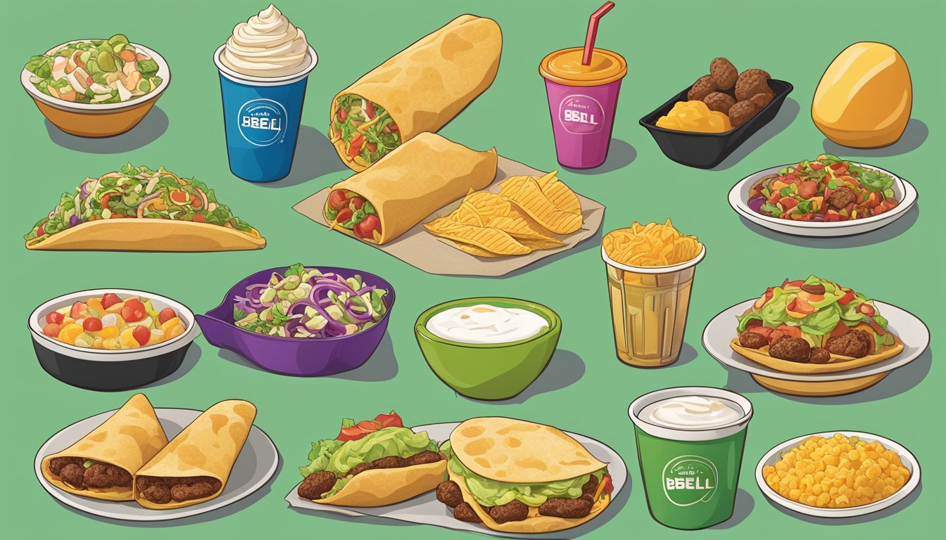 A colorful array of breakfast items from Taco Bell, including various tacos, burritos, and sides, each labeled with different diet modifications such as vegetarian, gluten-free, and low-carb options