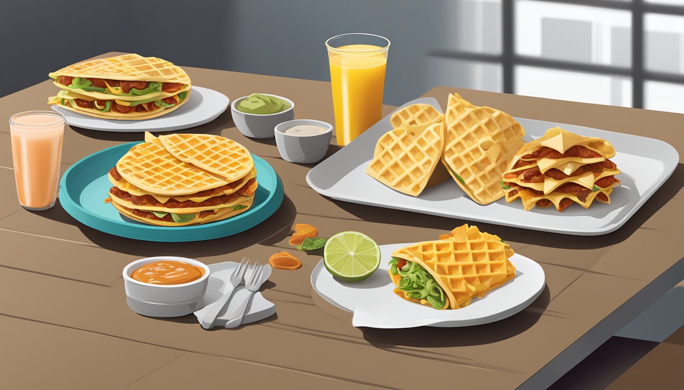 A colorful display of discontinued Taco Bell breakfast items, including waffle tacos and breakfast crunchwraps, arranged on a modern, minimalist table setting