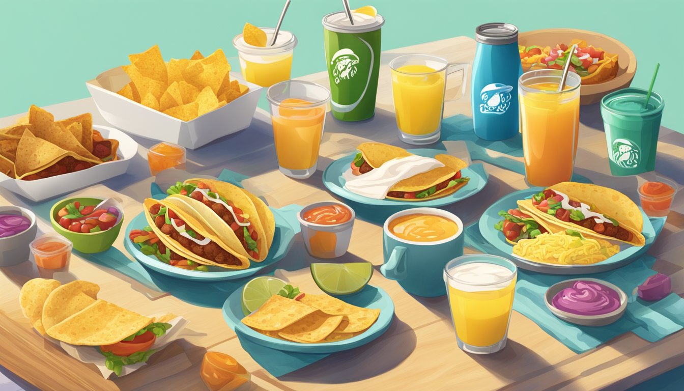 A sunny morning with a colorful Taco Bell breakfast spread on a table, surrounded by smiling faces and a sense of relief from the Monday blues