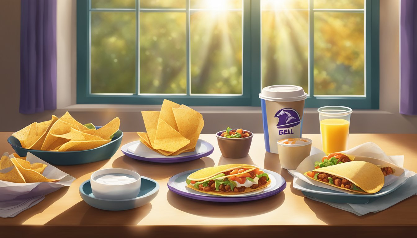 A table set with Taco Bell breakfast items, sunlight streaming in through a window