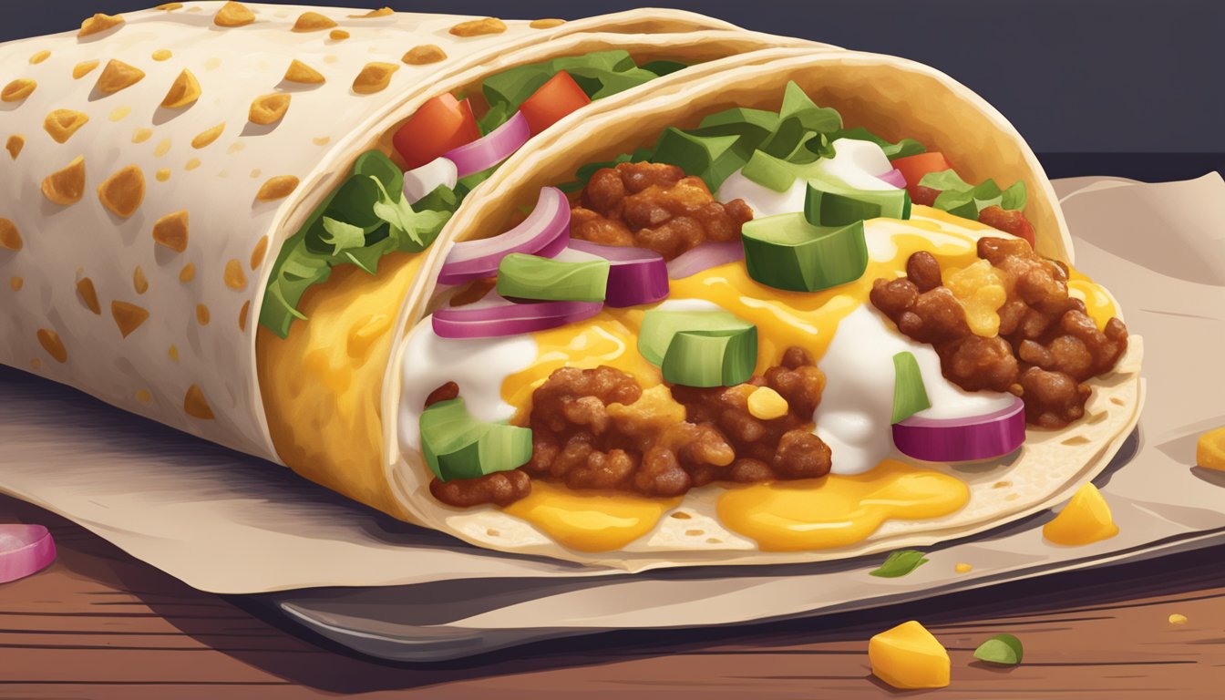 A breakfast burrito being prepared with extra toppings at Taco Bell