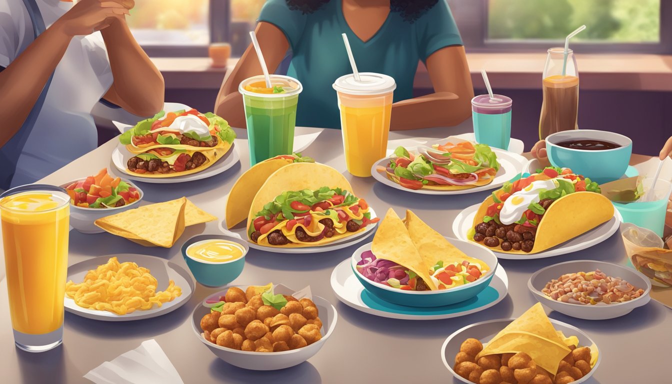 A colorful Taco Bell breakfast spread with various items on a table, surrounded by happy customers enjoying their morning meal