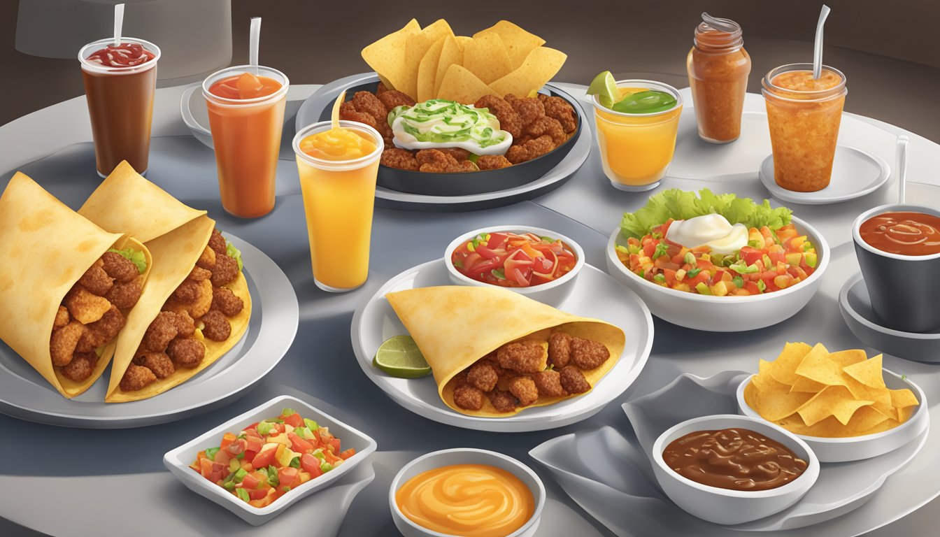 A table set with a variety of Taco Bell breakfast items, including breakfast salsa, arranged in an appealing display