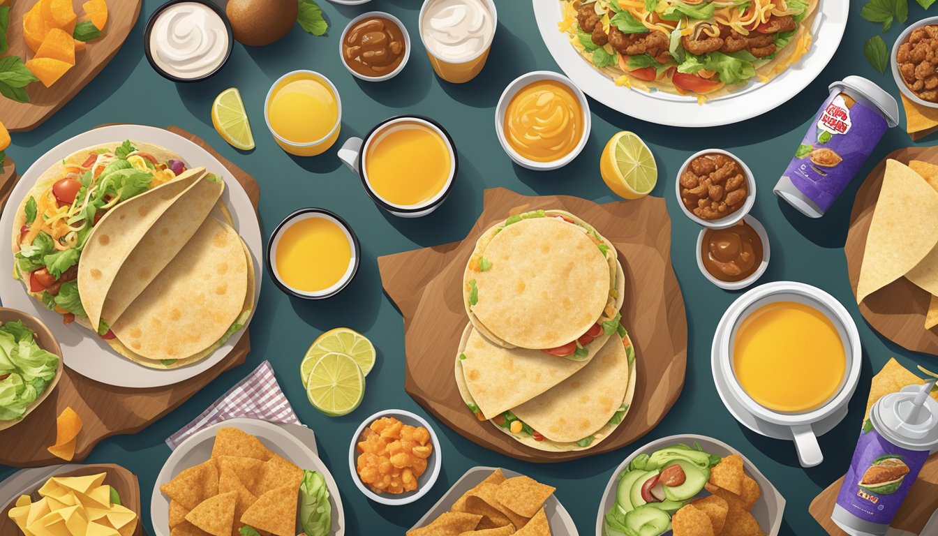 A table set with a variety of Taco Bell breakfast items, including orange juice, arranged for a top-down view