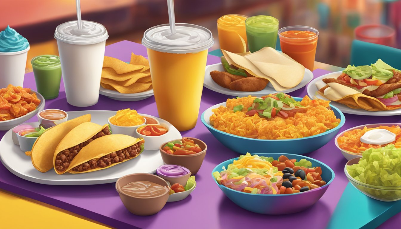 A colorful Taco Bell breakfast spread with a variety of items on a table, with a bright and energetic atmosphere