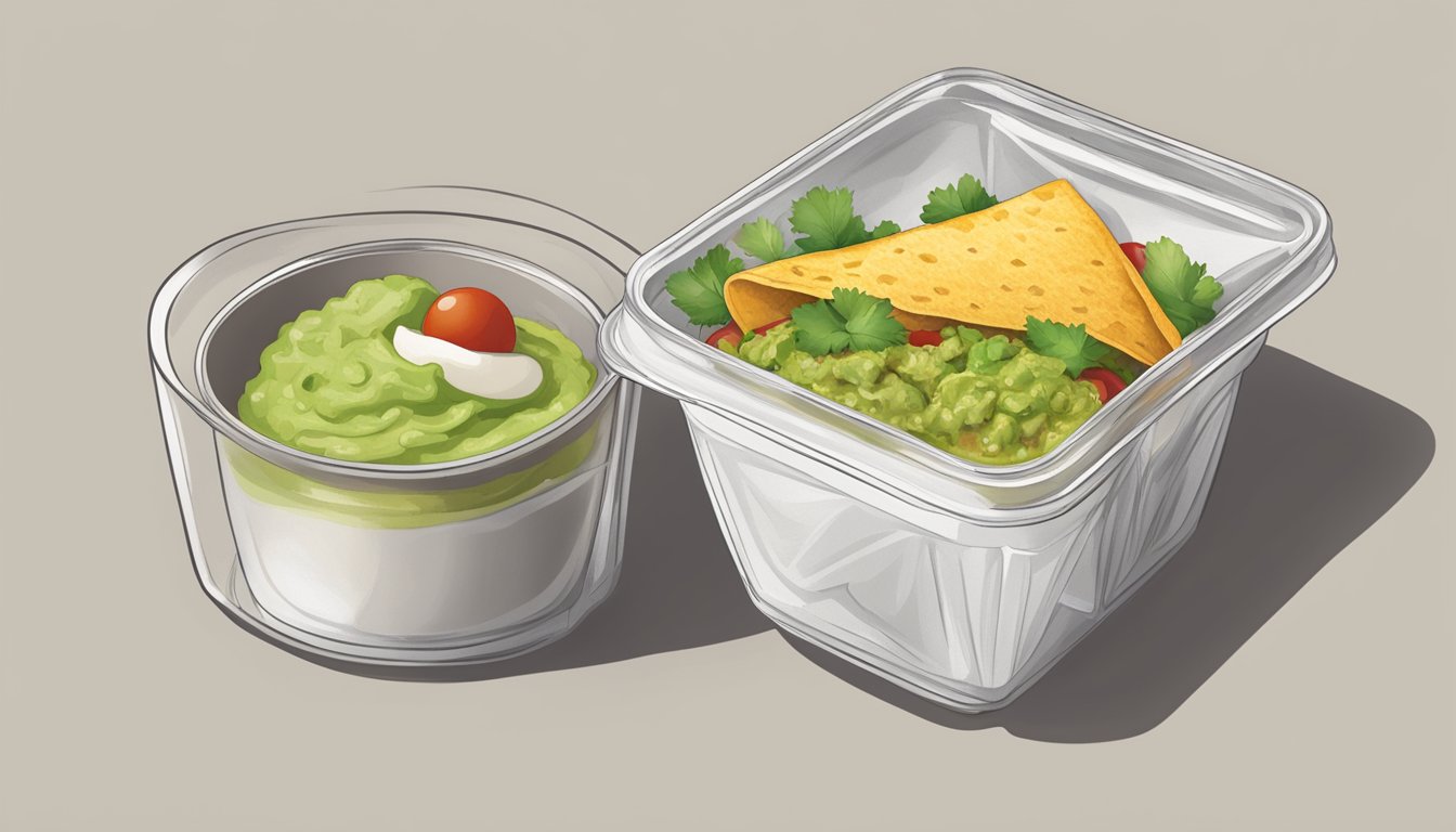 A breakfast burrito with a side of guacamole in a to-go container, set aside for later