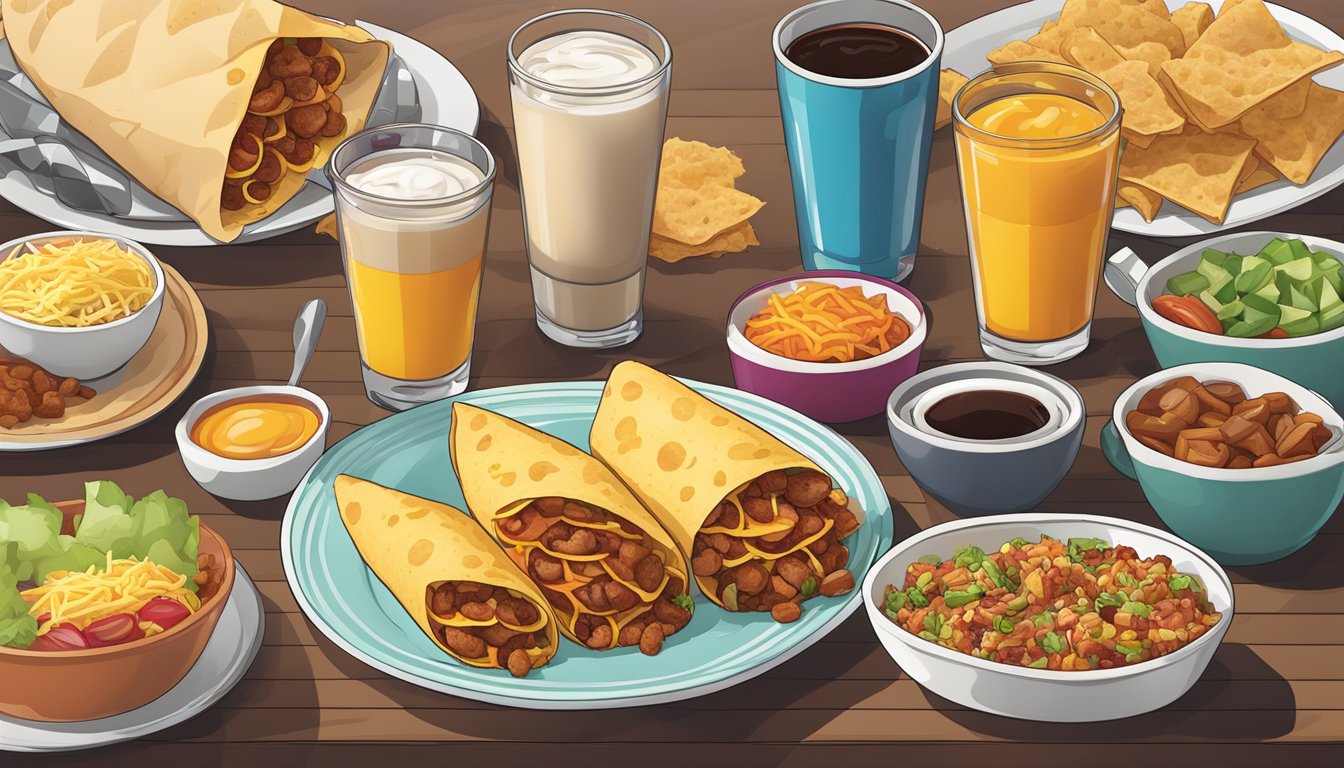 A colorful Taco Bell breakfast spread on a table, with various items like burritos, hash browns, and coffee arranged neatly