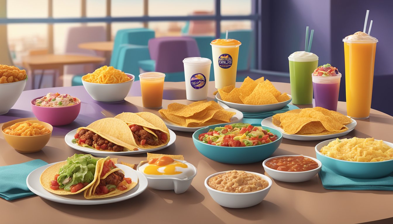 A colorful spread of various Taco Bell breakfast items arranged on a table, with nutritional information labels displayed next to each item