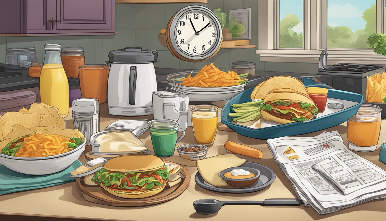 A busy kitchen counter with Taco Bell breakfast items scattered around, a clock showing a hectic morning time