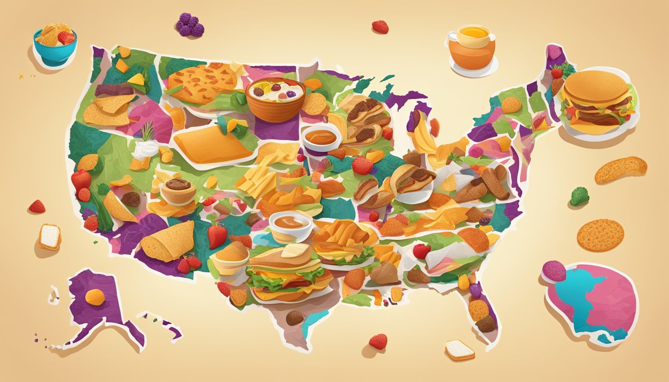 A colorful map of the US with various breakfast items from Taco Bell scattered across different regions, showcasing the 10 most popular choices