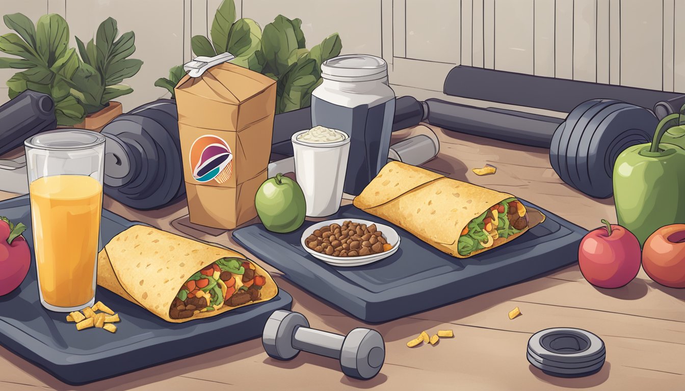 A gym with Taco Bell breakfast burritos scattered around, surrounded by workout equipment and weights