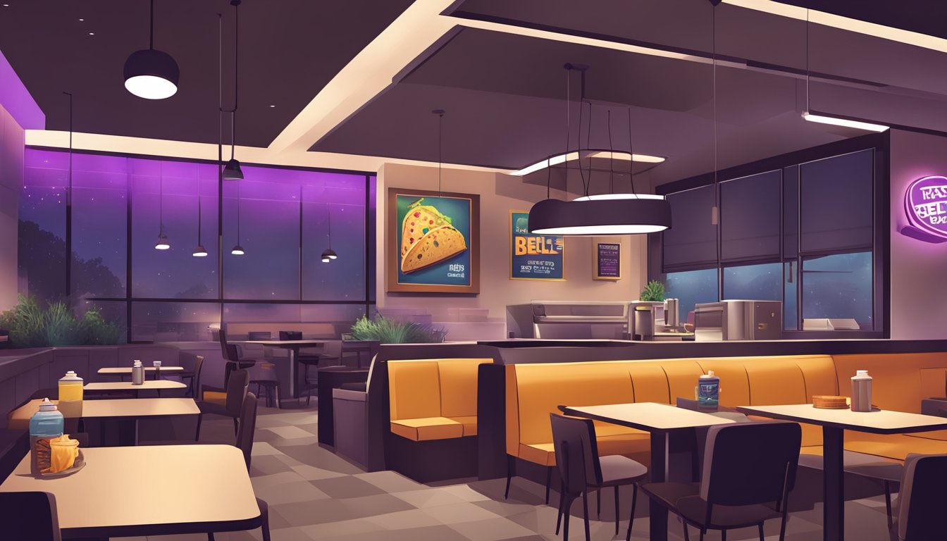 A dimly lit Taco Bell with a glowing sign, serving breakfast items at night. Tables and chairs are empty, with a few customers enjoying breakfast meals