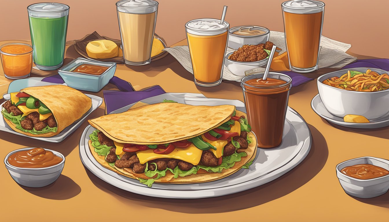 A breakfast table with various Taco Bell items, each topped with chipotle sauce for added flavor