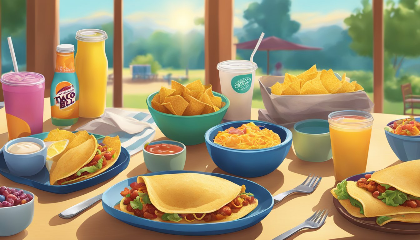 A colorful Taco Bell breakfast spread on a sunny Sunday morning