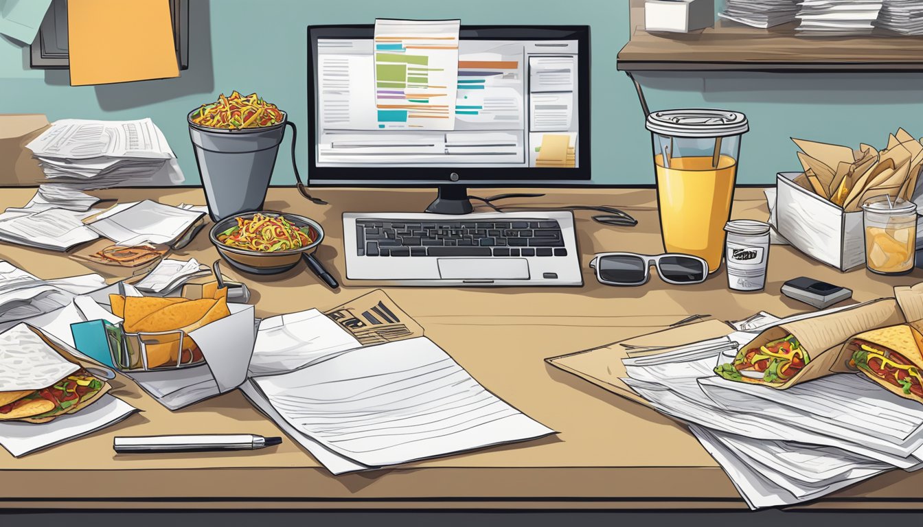 A busy office with a desk cluttered with papers, a computer, and a half-eaten Taco Bell breakfast spread out on a napkin