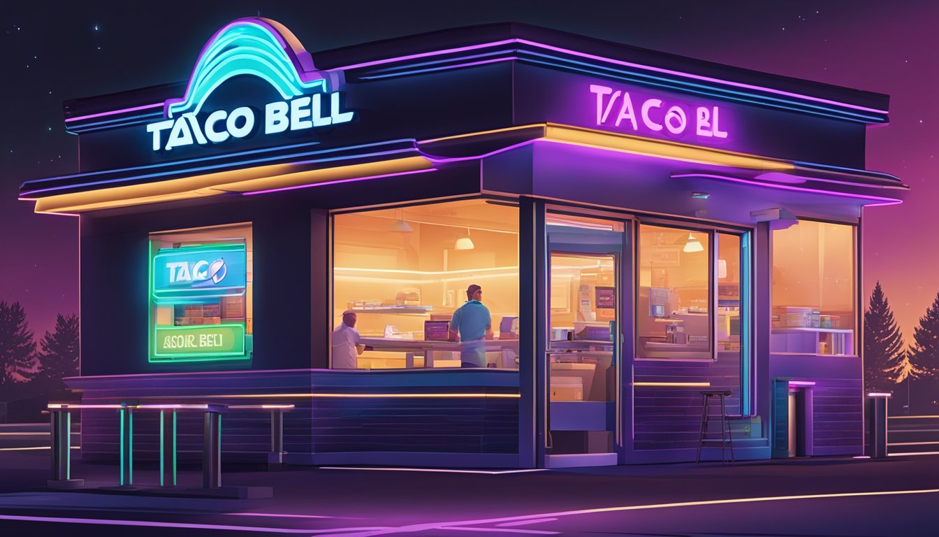 A neon-lit Taco Bell storefront at night, with a glowing "Breakfast" sign and a line of customers at the drive-thru