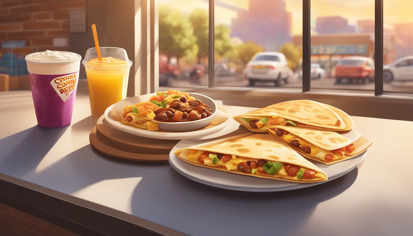 A breakfast quesadilla and Cinnabon Delights sit on a table, surrounded by Taco Bell breakfast items. Sunlight streams in through a window, casting a warm glow on the scene