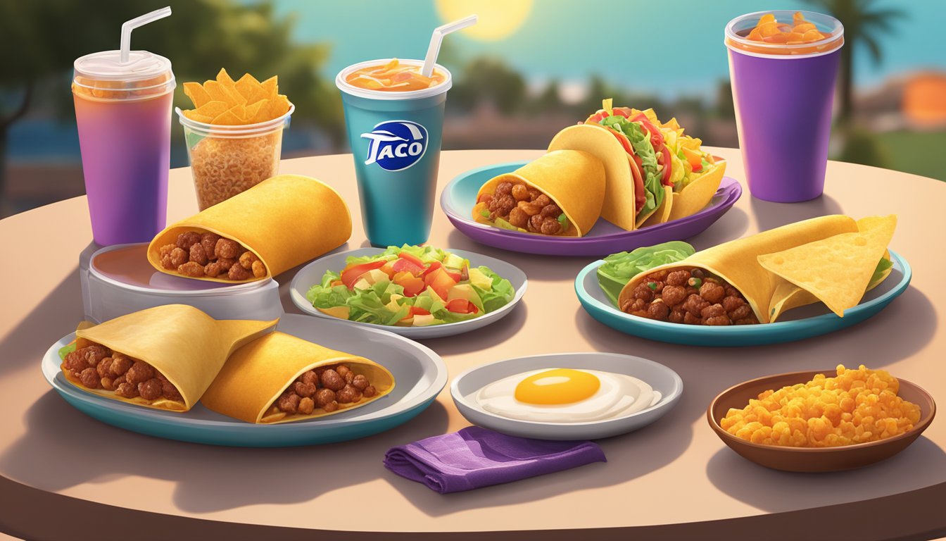 A colorful array of Taco Bell breakfast items arranged on a table, with the sun rising in the background