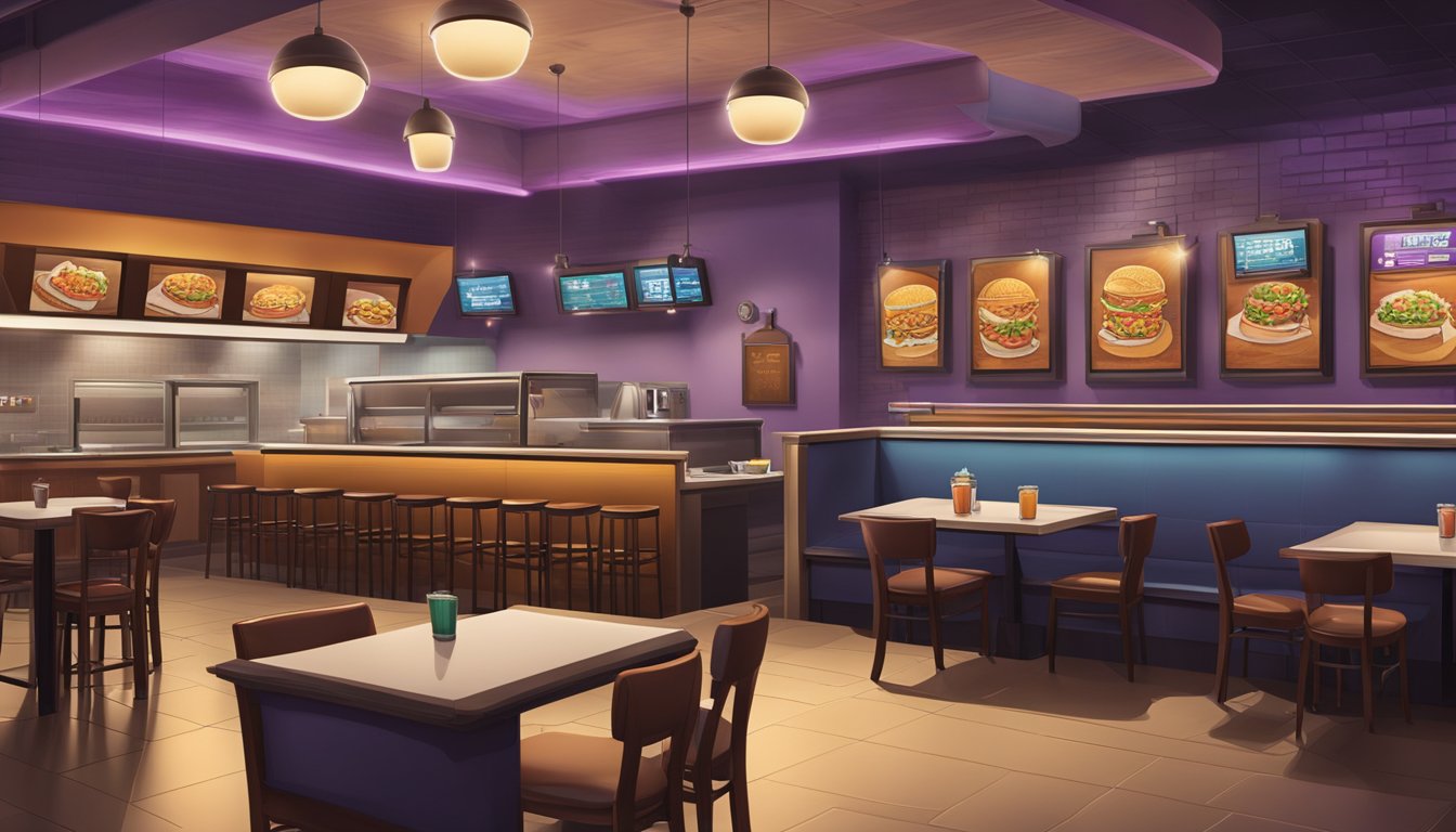 A cozy, dimly lit Taco Bell restaurant with a variety of customizable breakfast items displayed on the menu board, while night owls enjoy their late-night meals at the tables